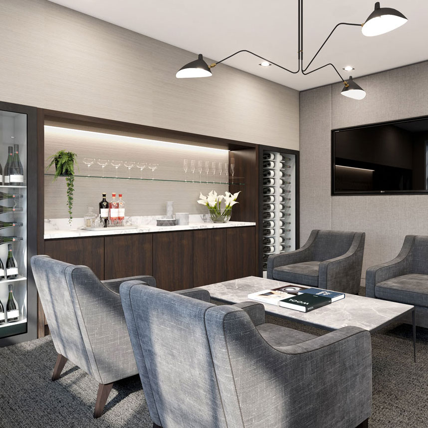 Luxury grey reception area with wine coolers created by office design company Arke in square format