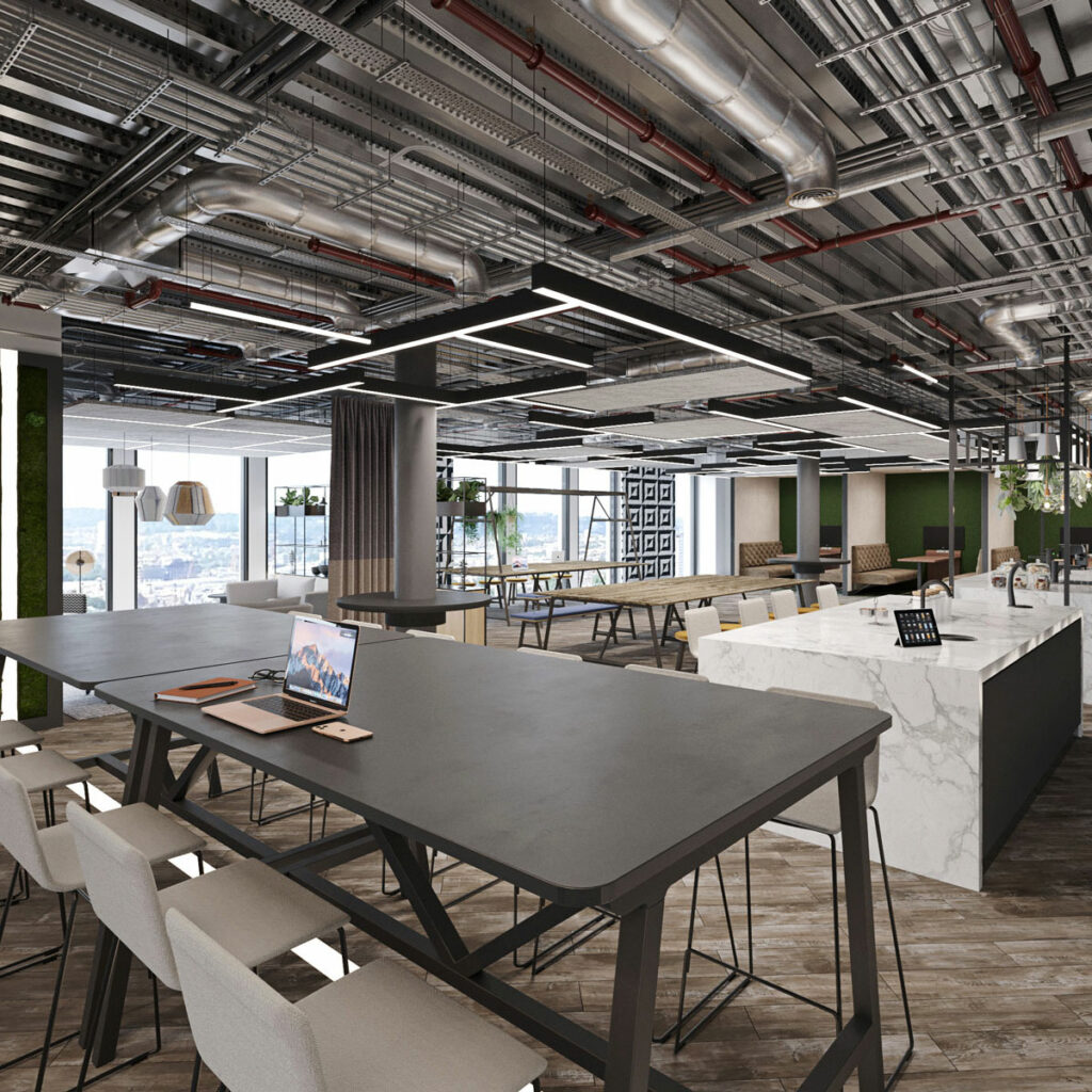 Industrial open space office design with multple hot desks created by Arke in square format