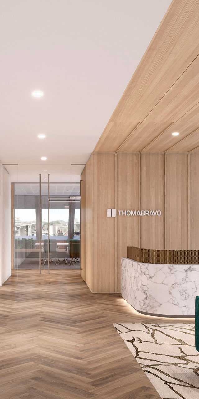 3D Render of the Thoma Bravo reception area created by Arke